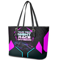 Personalized Night Race Division Leather Tote Bag Cyberpunk Racing Synthwave Motorsport Neon Graphic