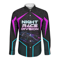 Personalized Night Race Division Long Sleeve Button Shirt Cyberpunk Racing Synthwave Motorsport Neon Graphic