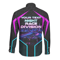Personalized Night Race Division Long Sleeve Button Shirt Cyberpunk Racing Synthwave Motorsport Neon Graphic