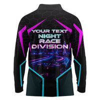 Personalized Night Race Division Long Sleeve Polo Shirt Cyberpunk Racing Synthwave Motorsport Neon Graphic