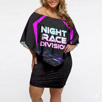 Personalized Night Race Division Off Shoulder Short Dress Cyberpunk Racing Synthwave Motorsport Neon Graphic