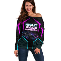 Personalized Night Race Division Off Shoulder Sweater Cyberpunk Racing Synthwave Motorsport Neon Graphic