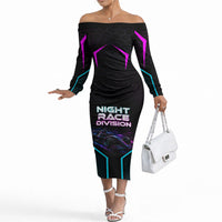 Personalized Night Race Division Off The Shoulder Long Sleeve Dress Cyberpunk Racing Synthwave Motorsport Neon Graphic
