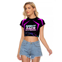 Personalized Night Race Division Raglan Cropped T Shirt Cyberpunk Racing Synthwave Motorsport Neon Graphic