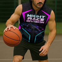 Personalized Night Race Division Sleeveless Zip Hoodie Cyberpunk Racing Synthwave Motorsport Neon Graphic