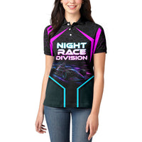 Personalized Night Race Division Women Polo Shirt Cyberpunk Racing Synthwave Motorsport Neon Graphic
