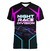 Personalized Night Race Division Women V-Neck T-Shirt Cyberpunk Racing Synthwave Motorsport Neon Graphic