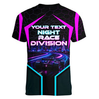 Personalized Night Race Division Women V-Neck T-Shirt Cyberpunk Racing Synthwave Motorsport Neon Graphic