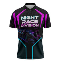 Personalized Night Race Division Zipper Polo Shirt Cyberpunk Racing Synthwave Motorsport Neon Graphic