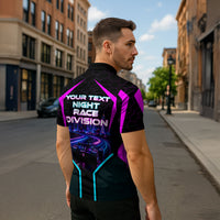 Personalized Night Race Division Zipper Polo Shirt Cyberpunk Racing Synthwave Motorsport Neon Graphic
