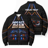 Personalized Night Race Division Motorsport Bomber Puffer Jacket Futuristic Neon Open Wheel Auto Racing