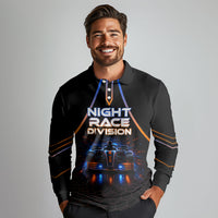 Personalized Night Race Division Motorsport Long Sleeve Polo Shirt Futuristic Neon Open Wheel Auto Racing