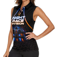 Personalized Night Race Division Motorsport Women Sleeveless Polo Shirt Futuristic Neon Open Wheel Auto Racing