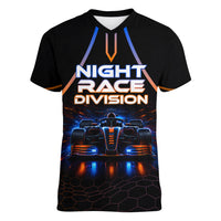 Personalized Night Race Division Motorsport Women V-Neck T-Shirt Futuristic Neon Open Wheel Auto Racing