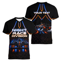Personalized Night Race Division Motorsport Women V-Neck T-Shirt Futuristic Neon Open Wheel Auto Racing