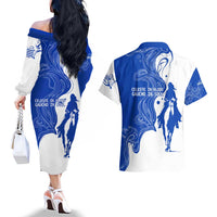Uruguay Couples Matching Off The Shoulder Long Sleeve Dress and Hawaiian Shirt with Gaucho Rider Illustration Blue White Swirl - Wonder Print Shop