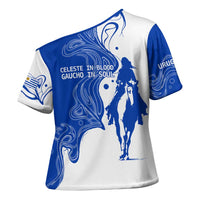 Uruguay Cross Shoulder Shirt with Gaucho Rider Illustration Blue White Swirl - Wonder Print Shop