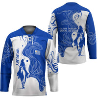 Uruguay Hockey Jersey with Gaucho Rider Illustration Blue White Swirl - Wonder Print Shop