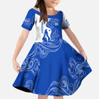 Uruguay Kid Short Sleeve Dress with Gaucho Rider Illustration Blue White Swirl - Wonder Print Shop