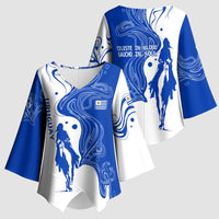 Uruguay Kimono Sleeve Blouse with Gaucho Rider Illustration Blue White Swirl - Wonder Print Shop