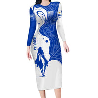 Uruguay Long Sleeve Bodycon Dress with Gaucho Rider Illustration Blue White Swirl - Wonder Print Shop