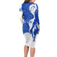 Uruguay Long Sleeve Bodycon Dress with Gaucho Rider Illustration Blue White Swirl - Wonder Print Shop
