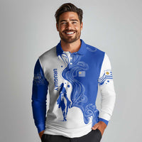 Uruguay Long Sleeve Polo Shirt with Gaucho Rider Illustration Blue White Swirl - Wonder Print Shop