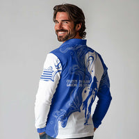 Uruguay Long Sleeve Polo Shirt with Gaucho Rider Illustration Blue White Swirl - Wonder Print Shop