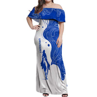 Uruguay Off Shoulder Maxi Dress with Gaucho Rider Illustration Blue White Swirl - Wonder Print Shop
