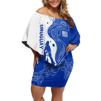 Uruguay Off Shoulder Short Dress with Gaucho Rider Illustration Blue White Swirl - Wonder Print Shop