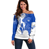 Uruguay Off Shoulder Sweater with Gaucho Rider Illustration Blue White Swirl - Wonder Print Shop