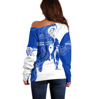 Uruguay Off Shoulder Sweater with Gaucho Rider Illustration Blue White Swirl - Wonder Print Shop