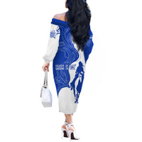 Uruguay Off The Shoulder Long Sleeve Dress with Gaucho Rider Illustration Blue White Swirl - Wonder Print Shop