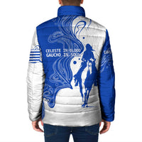 Uruguay Padded Jacket with Gaucho Rider Illustration Blue White Swirl - Wonder Print Shop