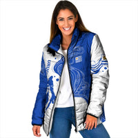 Uruguay Padded Jacket with Gaucho Rider Illustration Blue White Swirl - Wonder Print Shop
