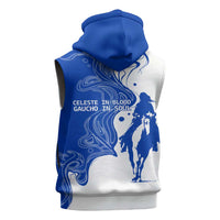 Uruguay Sleeveless Hoodie with Gaucho Rider Illustration Blue White Swirl - Wonder Print Shop