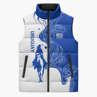Uruguay Sleeveless Puffer Jacket with Gaucho Rider Illustration Blue White Swirl - Wonder Print Shop