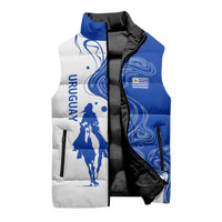 Uruguay Sleeveless Puffer Jacket with Gaucho Rider Illustration Blue White Swirl - Wonder Print Shop