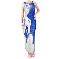 Uruguay Tank Maxi Dress with Gaucho Rider Illustration Blue White Swirl - Wonder Print Shop