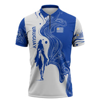 Uruguay Zipper Polo Shirt with Gaucho Rider Illustration Blue White Swirl - Wonder Print Shop