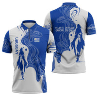 Uruguay Zipper Polo Shirt with Gaucho Rider Illustration Blue White Swirl - Wonder Print Shop