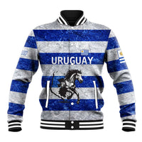 Uruguay Baseball Jacket with Wild Horse Illustration Blue Gray Striped - Wonder Print Shop