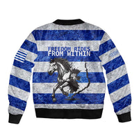 Uruguay Bomber Jacket with Wild Horse Illustration Blue Gray Striped - Wonder Print Shop