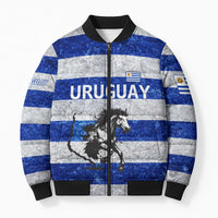 Uruguay Bomber Puffer Jacket with Wild Horse Illustration Blue Gray Striped - Wonder Print Shop