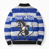 Uruguay Bomber Puffer Jacket with Wild Horse Illustration Blue Gray Striped - Wonder Print Shop