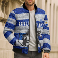 Uruguay Bomber Puffer Jacket with Wild Horse Illustration Blue Gray Striped - Wonder Print Shop