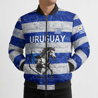 Uruguay Bomber Puffer Jacket with Wild Horse Illustration Blue Gray Striped - Wonder Print Shop