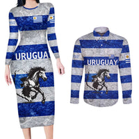 Uruguay Couples Matching Long Sleeve Bodycon Dress and Long Sleeve Button Shirt with Wild Horse Illustration Blue Gray Striped - Wonder Print Shop