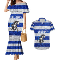 Uruguay Couples Matching Mermaid Dress and Hawaiian Shirt with Wild Horse Illustration Blue Gray Striped - Wonder Print Shop
