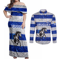 Uruguay Couples Matching Off Shoulder Maxi Dress and Long Sleeve Button Shirt with Wild Horse Illustration Blue Gray Striped - Wonder Print Shop